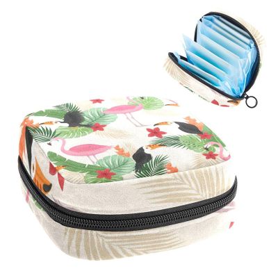 Period Pouch Portable Tampon Storage Bag,Tampon Holder for Purse Feminine Product Organizer,Tropical Leaves Birds Background