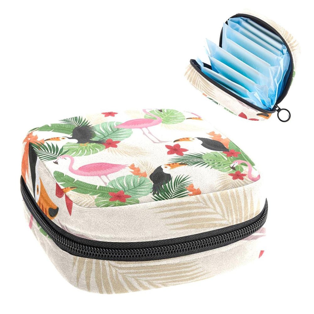 Period Pouch Portable Tampon Storage Bag,Tampon Holder for Purse Feminine Product Organizer,Tropical Leaves Birds Background