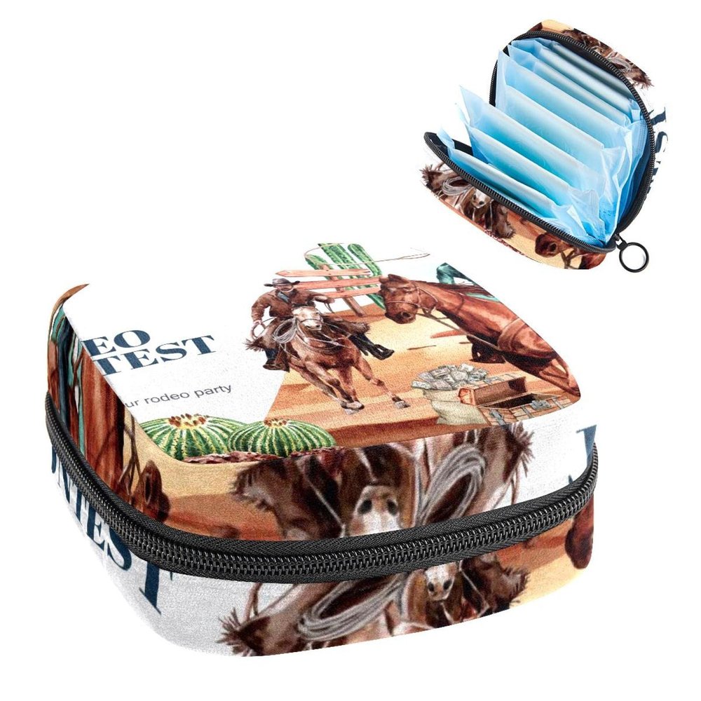 Period Pouch Portable Tampon Storage Bag,Tampon Holder for Purse Feminine Product Organizer,Cowboy Horse Cactus Desert