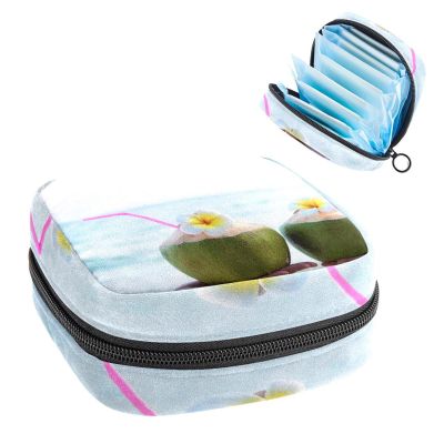 Period Pouch Portable Tampon Storage Bag,Tampon Holder for Purse Feminine Product Organizer,Coconut Beach Plumeria Decorated