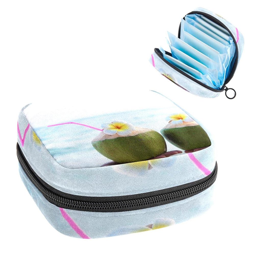 Period Pouch Portable Tampon Storage Bag,Tampon Holder for Purse Feminine Product Organizer,Coconut Beach Plumeria Decorated