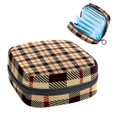 Sanitary Napkin Storage Bag,Portable Sanitary Napkin Storage Pouch,Vintage Brown Plaid Grid Retro
