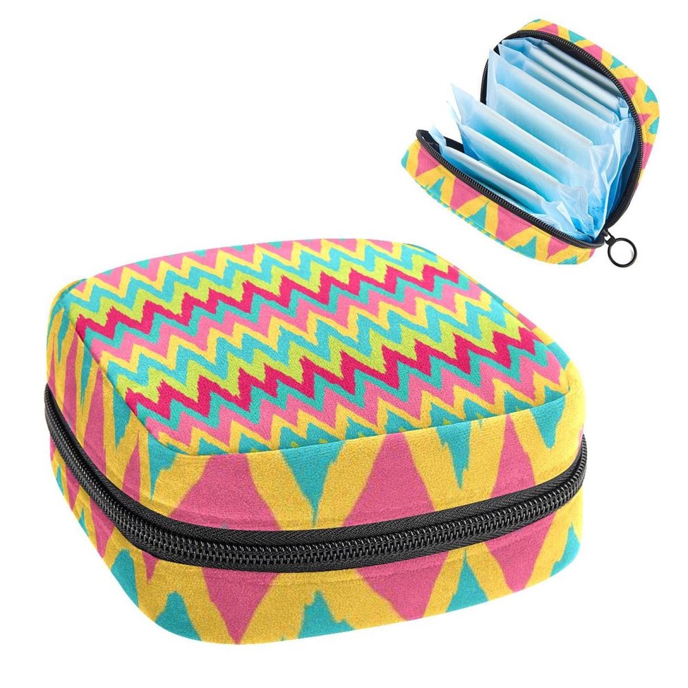 Period Pouch Portable Tampon Storage Bag,Tampon Holder for Purse Feminine Product Organizer,Yellow Pink Blue Green Chevron Pattern
