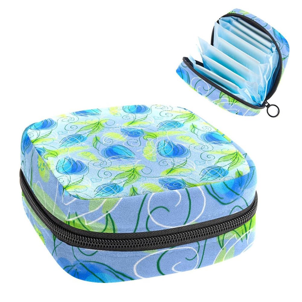 Abstract Blue Flower Patterns,Period Pouch Portable,Tampon Storage Bag,Tampon Holder for Purse Feminine Product Organizer