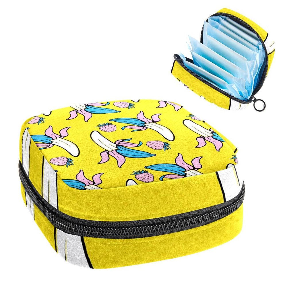Art Banana Strawberries Pattern Yellow,Period Pouch Portable,Tampon Storage Bag,Tampon Holder for Purse Feminine Product Organizer