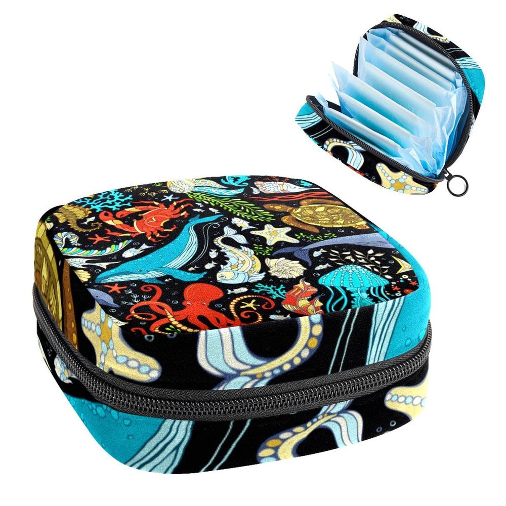 Ocean Whale Octopus,Period Pouch Portable,Tampon Storage Bag,Tampon Holder for Purse Feminine Product Organizer