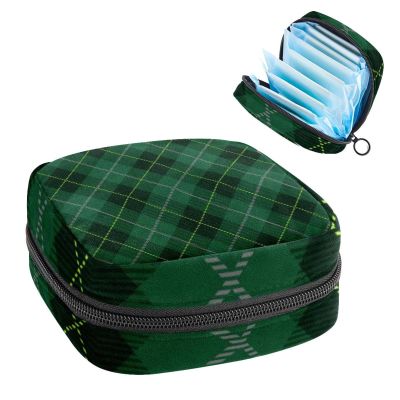 Period Pouch Portable Tampon Storage Bag,Tampon Holder for Purse Feminine Product Organizer,Tartan Plaid Green Navy Blue Cross Pattern