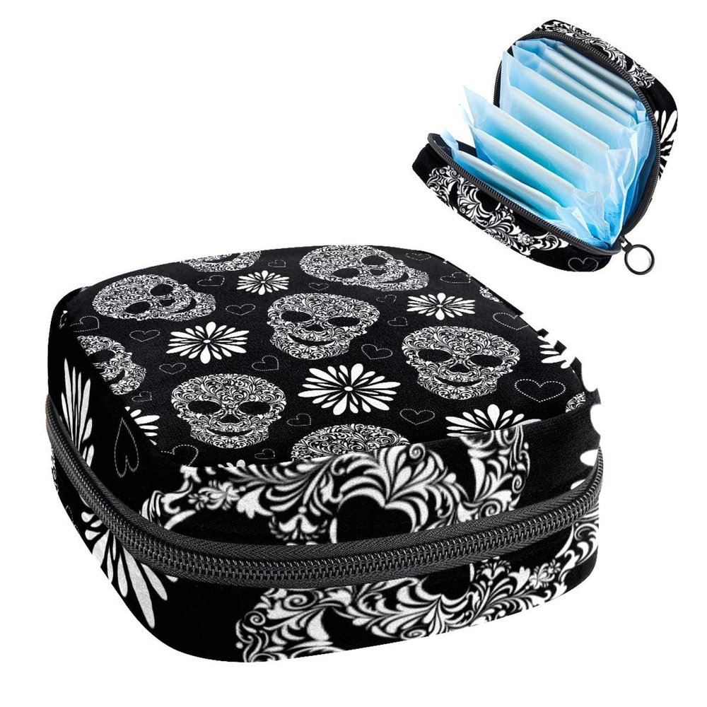 Abstract Floral Skulls Deposit Photos Period Pouch Portable,Tampon Storage Bag for Sanitary Napkins