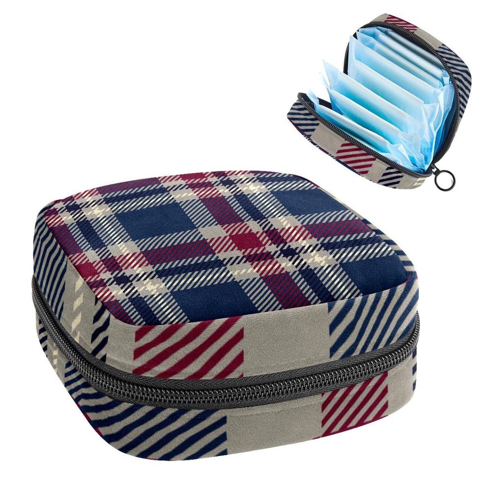 Sanitary Napkin Storage Bag,Portable Sanitary Napkin Storage Pouch,Navy Tartan Pattern Plaid Texture
