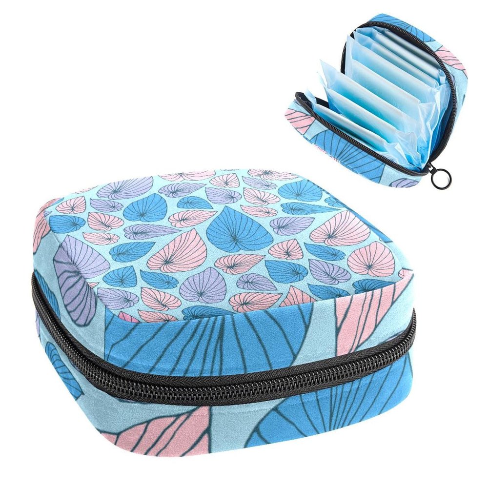 Blue Pink Leaves Pattern,Period Pouch Portable,Tampon Storage Bag,Tampon Holder for Purse Feminine Product Organizer