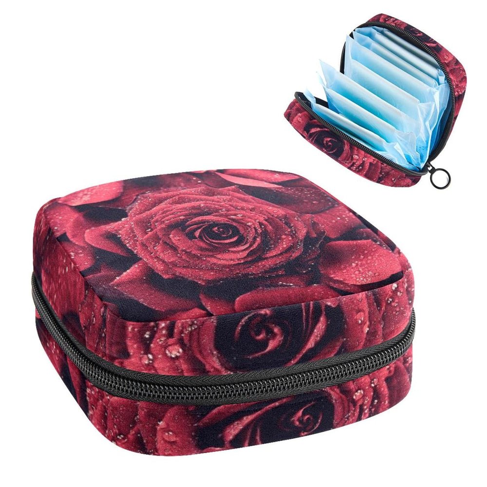 Period Pouch Portable Tampon Storage Bag,Tampon Holder for Purse Feminine Product Organizer,Romantic Valentine Red Roses Flower Background