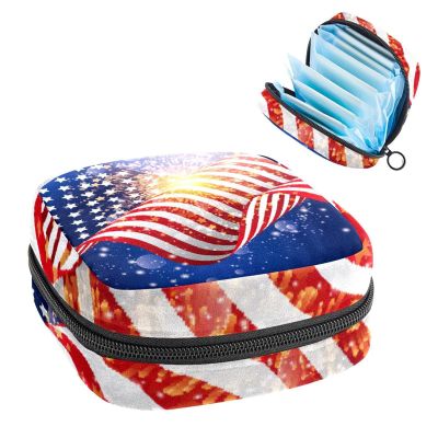 American Flag Background with Firework,Period Pouch Portable,Tampon Storage Bag,Tampon Holder for Purse Feminine Product Organizer