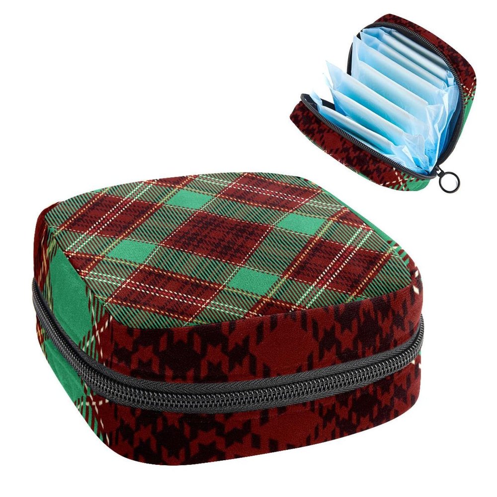 Green Red Black Line Plaid Check,Period Pouch Portable,Tampon Storage Bag,Tampon Holder for Purse Feminine Product Organizer