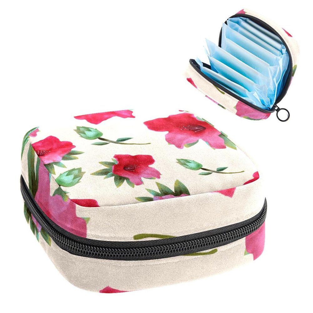 Period Pouch Portable Tampon Storage Bag,Tampon Holder for Purse Feminine Product Organizer,Red Flower
