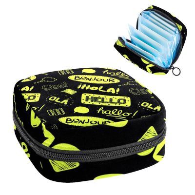 Period Pouch Portable Tampon Storage Bag,Tampon Holder for Purse Feminine Product Organizer,Hello Different Language Black