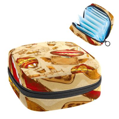 Sanitary Napkin Storage Bag,Portable Sanitary Napkin Storage Pouch,Vintage Aircraft Hot Air Balloon Aeronautic Transport
