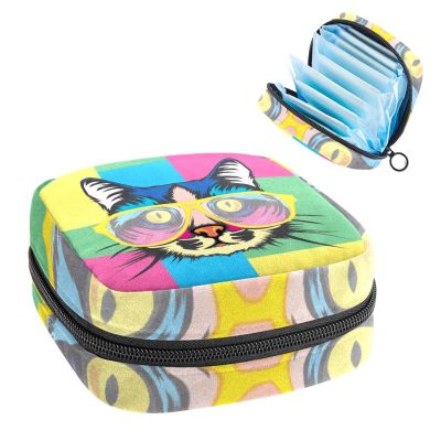 Art Cat with Glasses Colorful Squares,Period Pouch Portable,Tampon Storage Bag,Tampon Holder for Purse Feminine Product Organizer