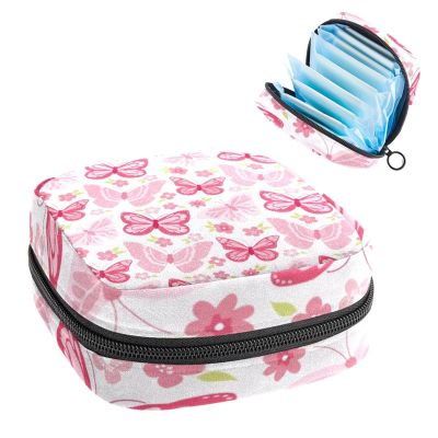 Period Pouch Portable Tampon Storage Bag,Tampon Holder for Purse Feminine Product Organizer,Pink Flying Butterflies Floral Pattern