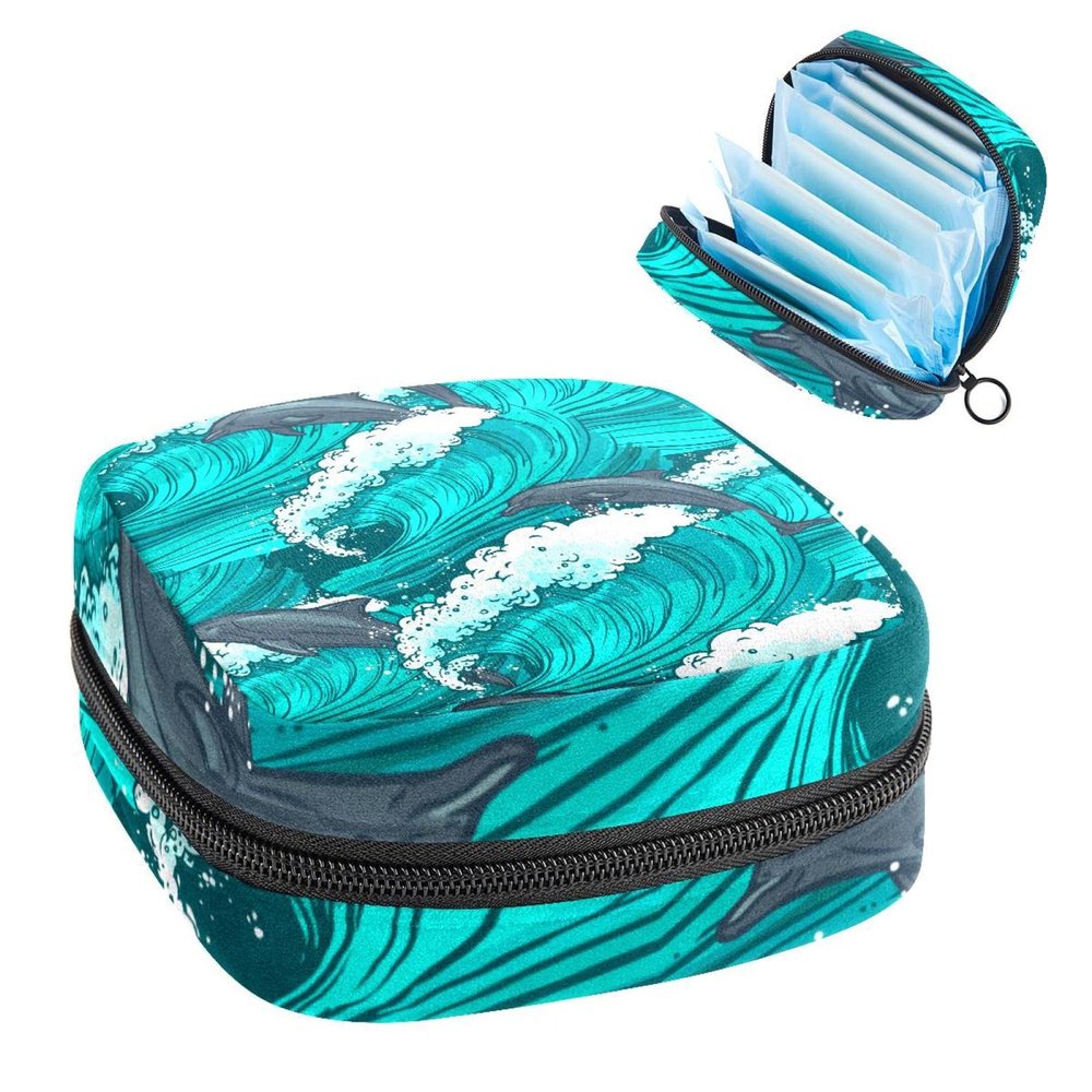 Period Pouch Portable Tampon Storage Bag,Tampon Holder for Purse Feminine Product Organizer,Dolphins Blue Sea Waves Pattern