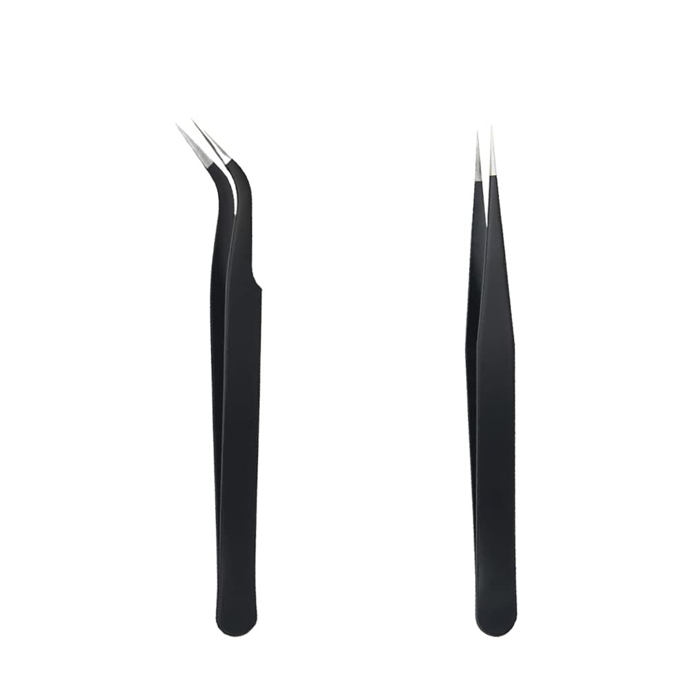Aeuezxx Precision Tweezers, 2PCS Stainless Steel Tweezer, Straight and Curved Tip Tweezers, for DIY, Nail Art, Craft, Eyelash Extensions, Electronics