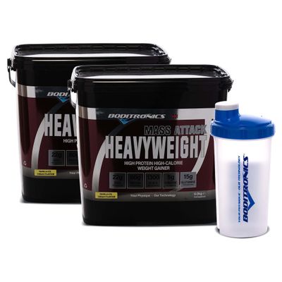 Boditronics Mass Attack Heavyweight Mass Gainer Powder with FREE Shaker, High Protein and High Calorie Weight Gainer Protein Powder with 5g Creatine, BCAA, Glutamine & Beta Alanine (Vanilla Ice Cream)