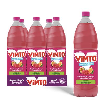 Vimto Fruit Squash No Added Sugar Raspberry, Orange & Passionfruit Vitamin D 6 x 1.5L Bottles Vegetarian Low Calorie Cordial
