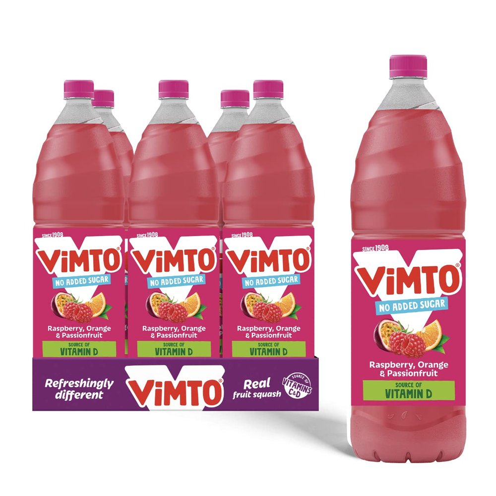Vimto Fruit Squash  No Added Sugar  Raspberry, Orange & Passionfruit  Vitamin D  6 x 1.5L Bottles  Vegetarian  Low Calorie Cordial