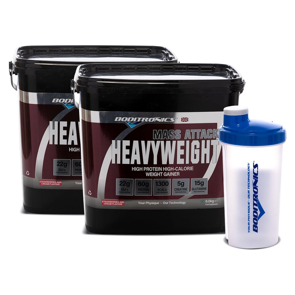 Boditronics Mass Attack Heavyweight Mass Gainer Powder with Free Shaker, High Protein and High Calorie Weight Gainer Protein Powder 5g Creatine, BCAA, Glutamine & Beta Alanine (Strawberries & Cream)
