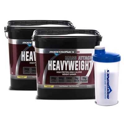 Boditronics Mass Attack Heavyweight Mass Gainer Powder with Free Shaker, High Protein and High Calorie Weight Gainer Protein Powder with 5g Creatine, BCAA, Glutamine and Beta Alanine (Banana Cream)