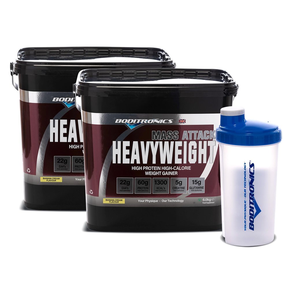 Boditronics Mass Attack Heavyweight Mass Gainer Powder with Free Shaker, High Protein and High Calorie Weight Gainer Protein Powder with 5g Creatine, BCAA, Glutamine and Beta Alanine (Banana Cream)