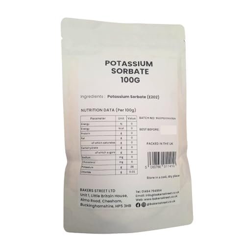 Potassium Sorbate 100g by Bakers Street Food Grate Non-GMO Gluten Free Mould Inhibitor Perfect for Make Cake