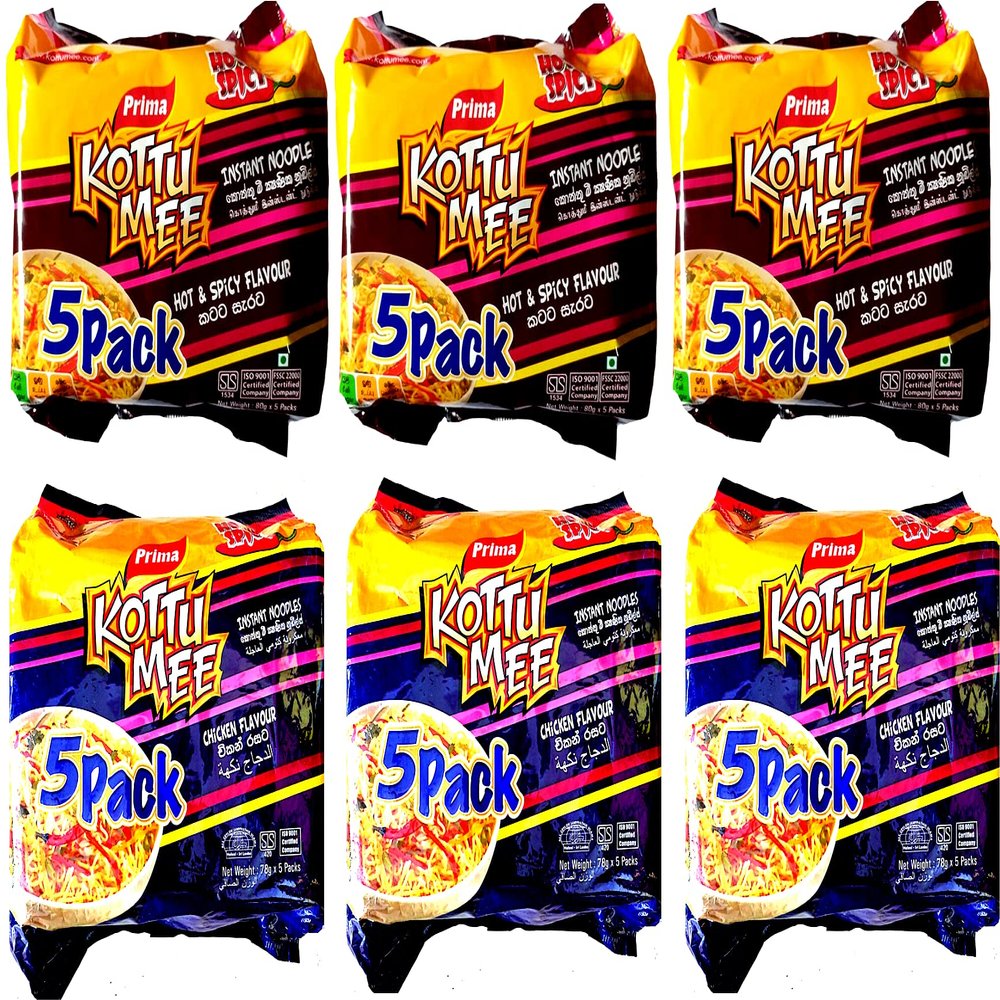 Prima instant noodles family 5 pack | Hot & Spicy and Chicken Flavors (3 Each) | Product of Sri Lanka | Pack of 6