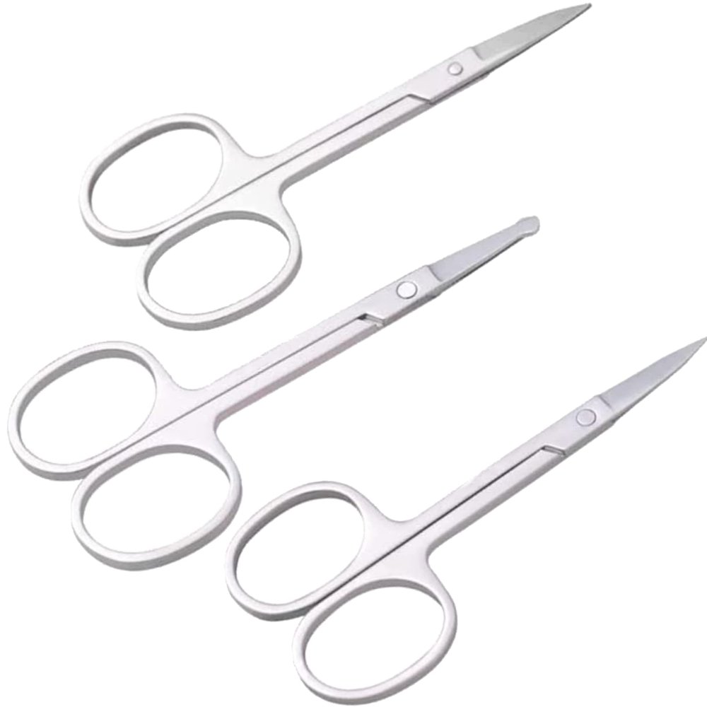 Wishbeauty Professional Small Ear Nose Hair Scissors, Curved and Safety Rounded Tip Grooming Trimming Beauty Shears for Nail, Toenail, Facial, Mustache, Eyebrows, and Eyelashes (Silver 3pcs Set)