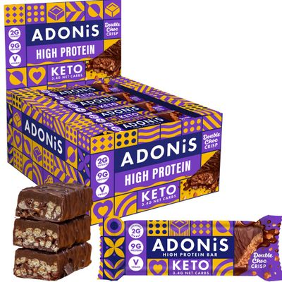 ADONiS Double Chocolate Crisp Keto High Protein Bars (16x45g) | Vegan and Keto-Friendly | Natural Keto Snacks | Sugar Free | Low Sugar, Low Carb Snack, Low Calorie | Ideal for a Ketogenic Diet
