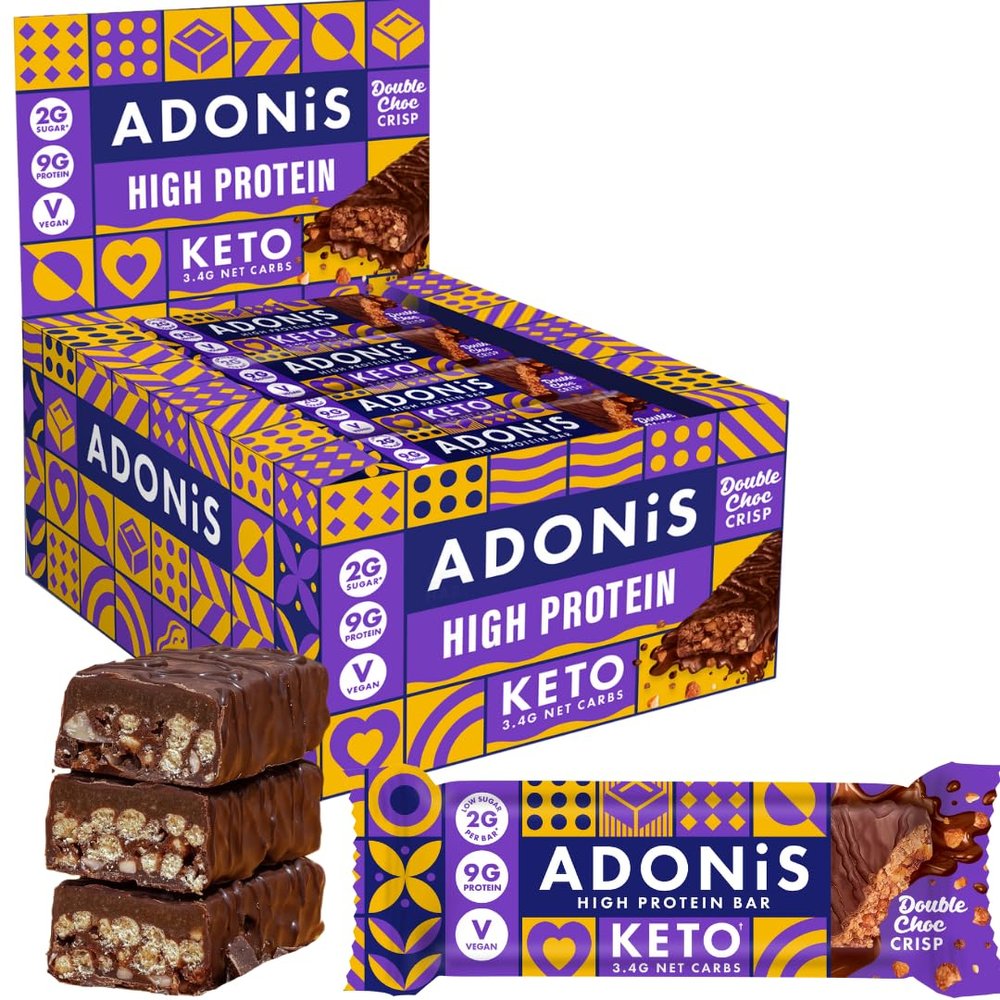 ADONiS Double Chocolate Crisp Keto High Protein Bars (16x45g) | Vegan and Keto-Friendly | Natural Keto Snacks | Sugar Free | Low Sugar, Low Carb Snack, Low Calorie | Ideal for a Ketogenic Diet