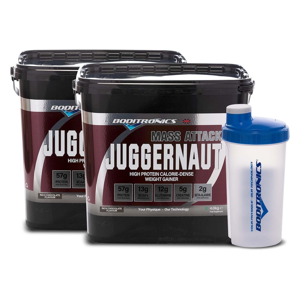 Boditronics Mass Attack Juggernaut Powder with FREE Shaker Weight Gainer Powder, All In One Muscle Mass Gainer, High Protein Powder with 5g Creatine, BCAA, Glutamine and Beta Alanine (Rich Chocolates)