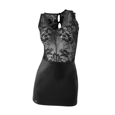 Long Lingerie for Women Plus Size Sexy Neck Lace Elastic Wet Look PU Dress Flirty Bodycon Chemise for Women Plus Size (Black, S)
