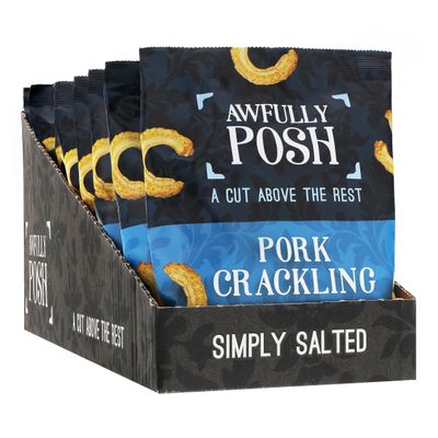 Awfully Posh Pork Crackling (10x40G) | Simply Salted Delightful Pork Crackling Snack | Made Using Prime Cuts, No Nasties | A Bag of Perfectly Even Strips of Meaty Goodness | A Cut Above the Rest!
