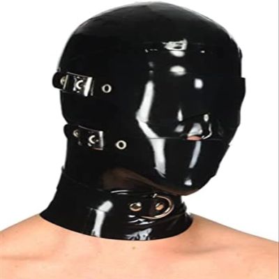 Sexy Black Latex Rubber Gummi Hood Mask Removable Eyes Mouth Patch Neck Collar,Blue,Small
