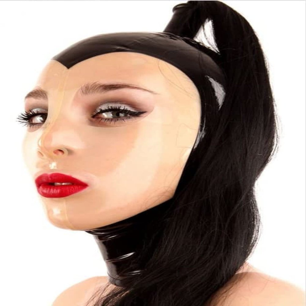 Sexy Black Latex Rubber Mask Hood with Black Hair Pigtail for Party Latex Hood Mask Include Wigs,with Wigs (Transparent + Black),Small