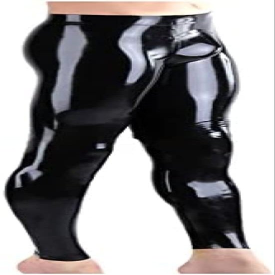 Black Sexy Latex Pants with Pouch Rubber Trousers Bottoms,Black,Medium