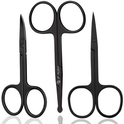 Wishbeauty Professional Small Ear Nose Hair Scissors, Curved and Safety Rounded Tip Grooming Trimming Beauty Shears for Nail, Toenail, Facial, Mustache, Eyebrows, and Eyelashes (Black 3pcs Set)