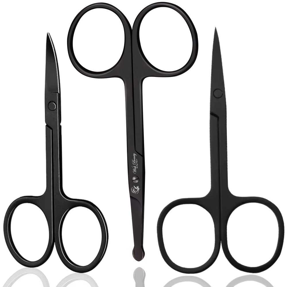 Wishbeauty Professional Small Ear Nose Hair Scissors, Curved and Safety Rounded Tip Grooming Trimming Beauty Shears for Nail, Toenail, Facial, Mustache, Eyebrows, and Eyelashes (Black 3pcs Set)