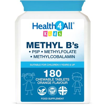 Health4All Kids Methyl B's 180 Chewable Tablets (6 Months Supply), Stress & Mood Support for Children 4+, Methylated B Vitamins B12 Methylcobalamin, 5-Methylfolate & Vitamin B6 P5P, Vegan | Made in UK
