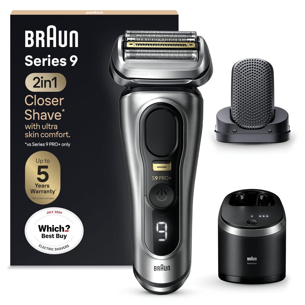 Braun Series 9 PRO+ Electric Shaver for Men, 5 Pro Shave Elements & Shave-Preparing ProComfort Head, 2in1 System, SmartCare Center, Wet & Dry Electric Razor with 60min Runtime, 9597cc, Silver