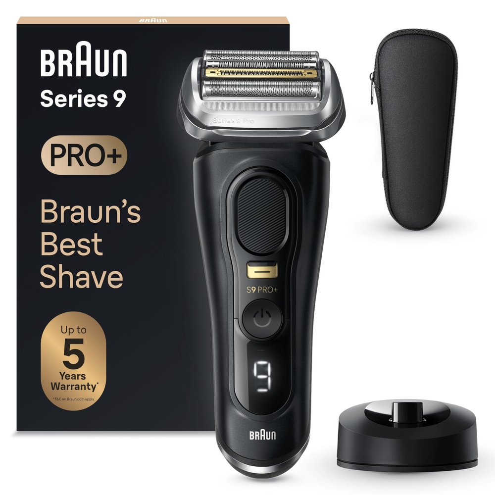 Braun Series 9 PRO Plus Electric Shaver for Men, 5 Pro Shave Elements and Precision Long Hair ProTrimmer, Charging Stand, Wet and Dry Electric Razor with 60min Runtime, 9510s, Black
