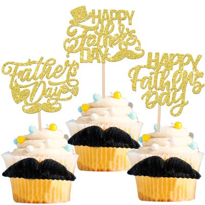 24 Pack Happy Father's Day Cupcake Toppers with Glitter Best Dad Cupcake Picks Love Dad Moustache Hat Cake Decorations for Father's Day Theme Men Birthday Party Supplies Gold