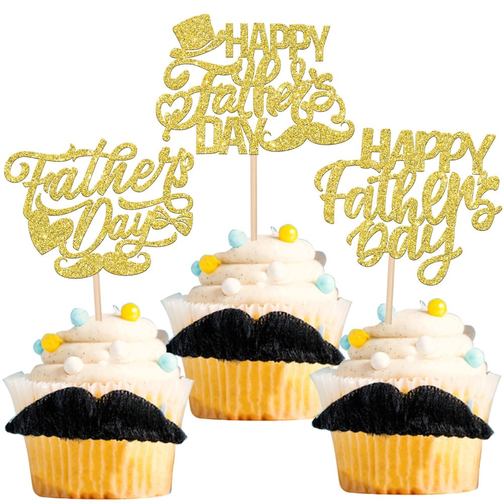 24 Pack Happy Father's Day Cupcake Toppers with Glitter Best Dad Cupcake Picks Love Dad Moustache Hat Cake Decorations for Father's Day Theme Men Birthday Party Supplies Gold