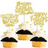 24 Pack Happy Father's Day Cupcake Toppers with Glitter Best Dad Cupcake Picks Love Dad Moustache Hat Cake Decorations for Father's Day Theme Men Birthday Party Supplies Gold view 1