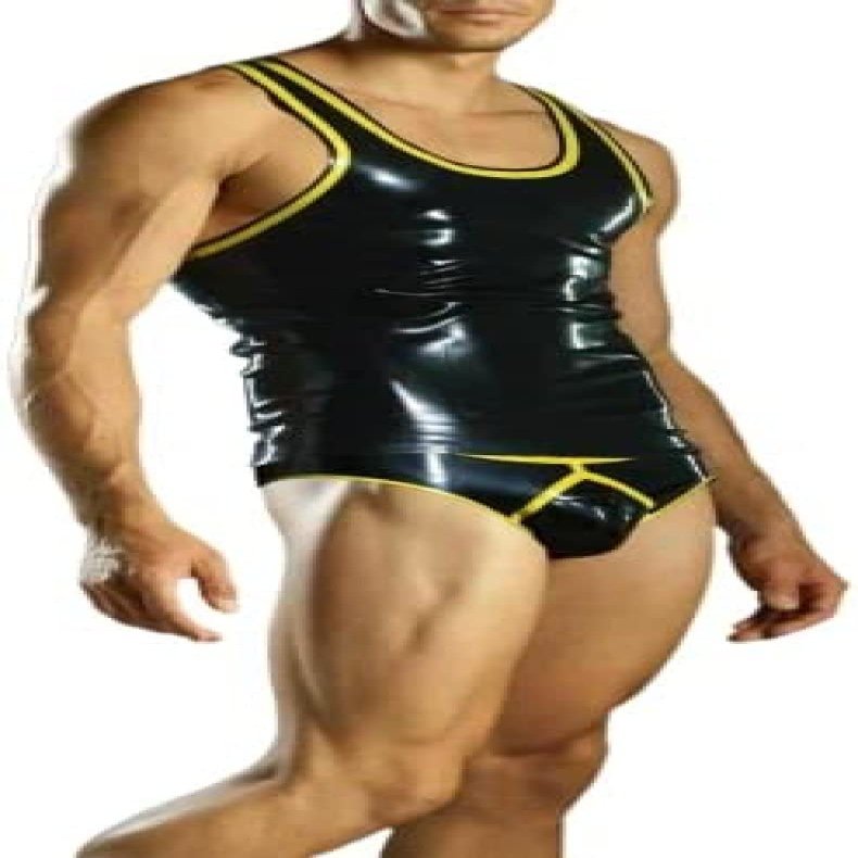 Handmade Black Latex Male Vest Tank Rubber Fetish Tops with Yellow Trim,Customize,Medium